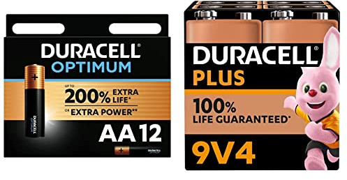 Duracell Plus Pilas 9 V (Pack de 4) - Alcalinas - 100% de duración Garantizada - Fiabilidad & Optimum Pilas AA (Pack de 12) - Pilas Alcalinas 1,5 V - hasta 200% Extra duración