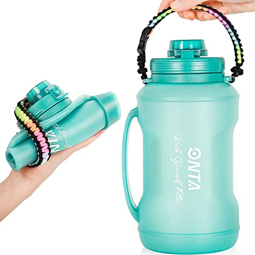 ONTA kollabierbare Silikon Trinkflasche - 2 Litre Sport Wasserflasche mit Zeitmarkierung und Strohhalm - BPA-Frei - 68oz Faltbar Sport & Outdoor - für Fitness Gym Heim Büro Angeln (Grün)