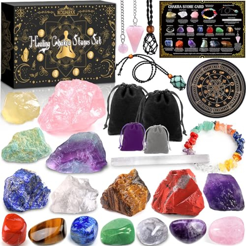 NCKIHRKK Kristallläkande stenset, Chakrastenar + kristaller naturliga, 21 st Ädelstenar Helande stenar Mineralstenar med tygpåse, vattenstenar för meditation, kristallläkning, energiläkning