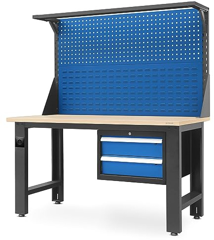 Jan Nowak Arbetsbänk med verktygshålvägg, arbetsbord med 2 låduttag, metall, MDF-bordsskiva, kan belastas upp till 600 kg, pulverlackering, 170 cm x 150 cm x 75 cm (antracitblå)