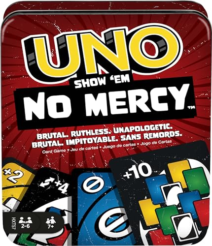Mattel Games - UNO No Mercy, la versione di UNO più brutale di sempre, Multicolore confezione in metallo, con 56 nuove carte, regole speciali 10, giocattolo per bambini, 7+ anni, HXT57