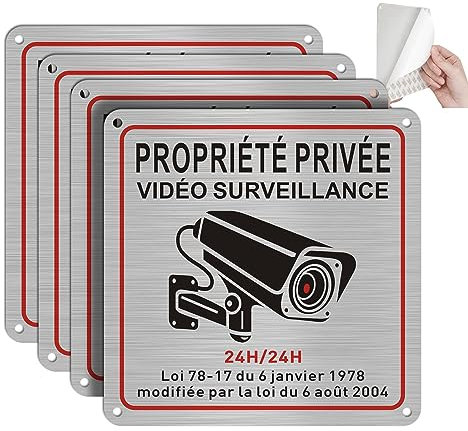 DAOUZL Panneau Camera Surveillance, Propriété Privée sous Surveillance Vidéo, Vidéo Surveillance Panneau 15x 15cm, Intérieur/Extérieur, Aluminium, avec Autocollant et Trous Pré-percés (4)