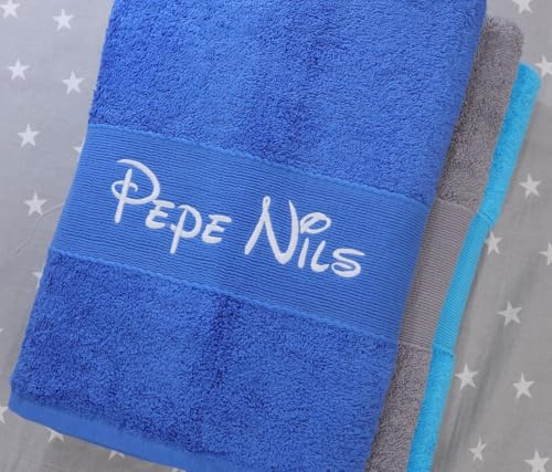 BotoHome Personalisiertes Handtuch Blau 70x140 cm 100% Baumwolle mit Name Bestickt Oeko-TEX Qualität 500 g/m² Geschenkidee für jeden Anlass (Blau, 70 x 140 cm)