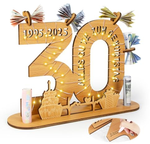 Alftek Geldgeschenke Geburtstag, Geschenkideen 30 Geburtstag Mann/Frau, Wooden Sign Guest Book Birthday mit LED Lichterkette Ständer Und Kerzenhalter Dekoration Geburtstagsgeschenk