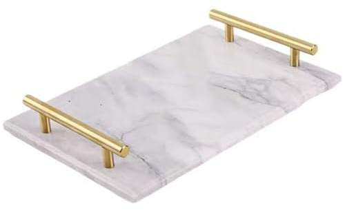 BURLOE Plateau De Service Rectangulaire en Marbre avec Poignées Feuille Plateau Service Assiette À Bijoux pour Table Basse Salon Cuisine Rangement Articles De Toilette,Blanc