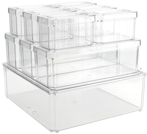 HAKZEON 10-pack genomskinliga förvaringsbehållare för kylskåp med lock, stapelbara kylskåpsförvaringslådor med dräneringshål, kylskåpsförvaring för kök, skafferi, skåp