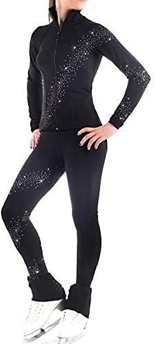 ZMIN Eiskunstlauf-Jacke Mit Hose Damen-Eislauf-Jacke Professionelle Wettkampf-Eislauf-Langarm-Langhose,Schwarz,Child16