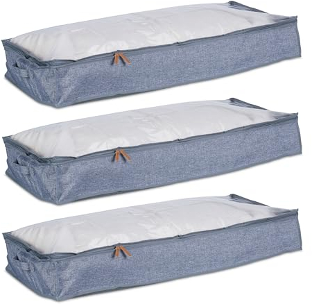 Relaxdays Unterbettkommode, 3er Set, Stoff, HxBxT: 14x100x45 cm, mit Sichtfenster, Unterbettbox flach, grau/transparent