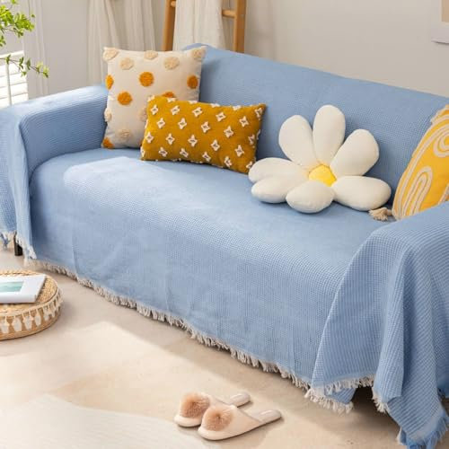 Ayoiow Sofa Überzug Bezug Sofa Blau Sofahusse 3 Sitzer Polyester Einfarbiges, Strukturiertes Gitter Mit Quaste
