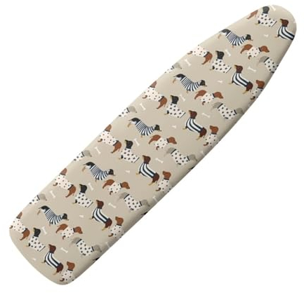 NETILGEN Bügelbrettbezüge, moderne Schutzbezüge, resistent gegen Verbrennungen, rutschfest, maschinenwaschbar, kleine Größe, passend für Bretter bis 115 x 36 cm, Dackel-Hund, Beige