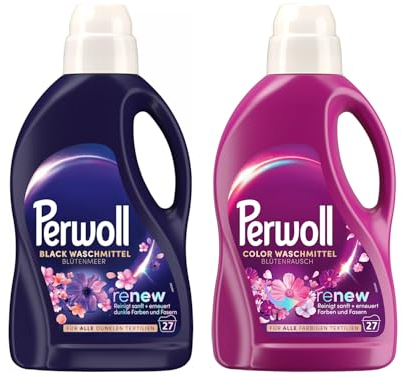 PERWOLL Flüssig-Set 2x 27 Waschladungen (54WL) 1x Black Blütenmeer & 1x Color Blütenrausch, Feinwaschmittel reinigt sanft und erneuert Farben und Fasern, mit Dreifach-Renew-Technologie