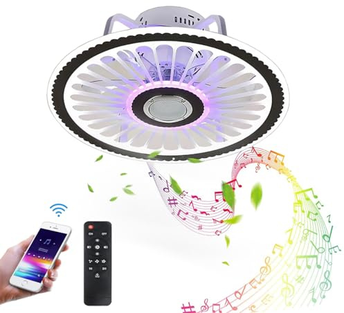LED Deckenventilator mit Beleuchtung und Bluetooth Lautsprecher Dimmbar Deckenleuchte mit Fernbedienung Leise Schlafzimmer Lampe mit Ventilator Musik Fan Deckenlampe für Wohnzimmer Kinderzimmer Küche