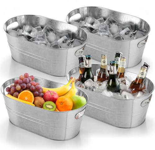 4PCS Galvanized Tub 4 Gallon with Carry Ice Bucket Large Metail Drink Buckets for Parties Beer Drink Storage Coller Ice Tub for Mimosa Bar Supplies
