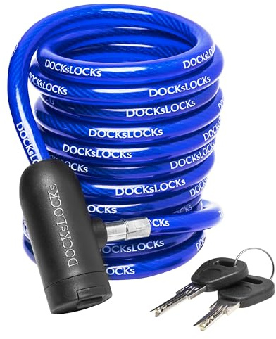 DocksLocks Coiled Security Cable Lock (5' to 25’ Lengths) with Keys, 15ft | Weatherproof, Multi-Purpose, Anti-Theft Protection, 10mm Diameter, For Kayaks, Bikes, Paddleboards, Scooters, Equipment