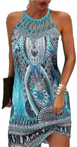 GRMLRPT Abito Donna Estivo Senza Maniche Boho Estate Vestito CortoStile Etnico Elegante Stampato retrò Abiti Collo Halter Tempo Libero Vestito Signore Abiti Spiaggia Donne(Blu,L)