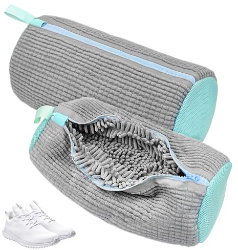 Beifon Schuhwaschbeutel Waschmaschine 2 Stück, Schuhbeutel Waschmaschine, Waschbeutel Wäschenetz Schuhe Wäschesack mit 360°Reinigungsflaum, Schuhsack für Waschmaschine und Trockner (2×grau)