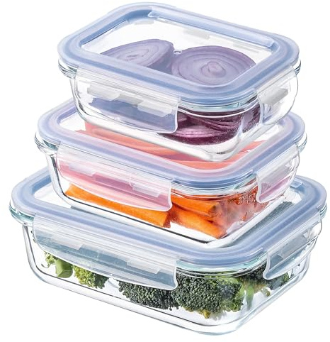 KADAX Glasbehälter Set mit Deckel, 3 Größen 370/640/1040 ml, luftdichte Frischhaltedosen aus Glas, Vorratsdosen für Meal Prep, spülmaschinen- und mikrowellengeeignet