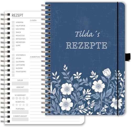 Rezeptbuch zum Selberschreiben A5, personalisierbar, Blumen Zeichnungen auf Blau