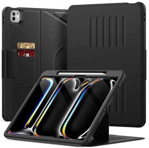 KAIJIAbox for iPad Pro 13 inch Case M5/M4 (2025/2024) with Pencil Holder, Shell Slim Protective Shockproof Cover with Magnetic Stand, Card Slots, Auto Sleep/Wake Case (Black)