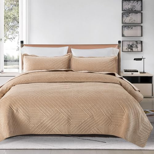 DMBAOD Couvre Lit 2 Personnes 220X240cm, Ensemble de literie à Motif de Ligne en Velours de Lait，Couvre-Lit Matelassé， Dessus De Lits Et Couvre-Lits De Luxe avec 2 Taies d'oreiller Beige 220x240cm