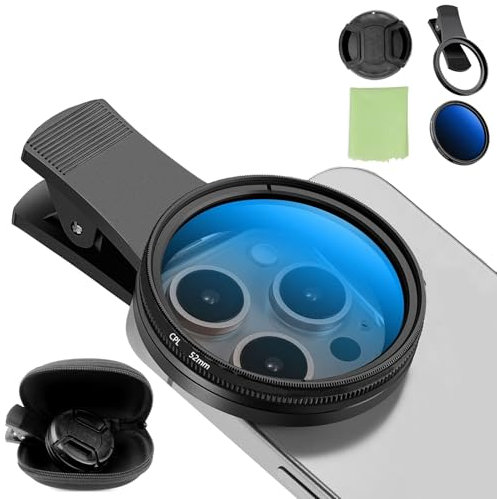 Filtre CPL 52 mm Hengrongshen - Objectif ultra fin avec revêtement multiple - Filtre polarisant à clip - Compatible I-Phone 16, 15, 14, 13, 12, 11, Sam-Sung, Xiao-Mi