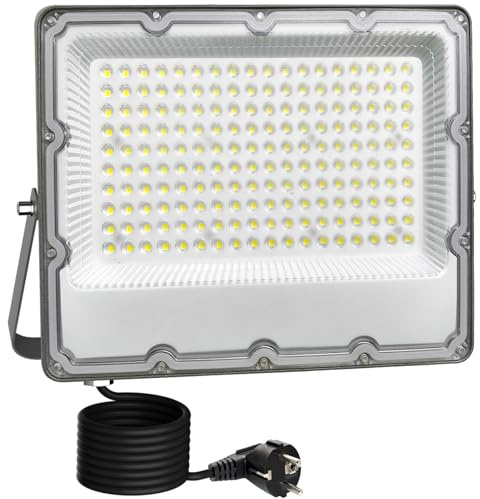 MEEKBOS 150W LED Flodljus Utomhus, 6500K Dagsljusvit, 15000 Lumen Super Bright Säkerhetslampa med Schuko Kontakt, IP66 Vattentålig för Trädgård, Garage, Gräsmatta,220V-240V AC 50Hz