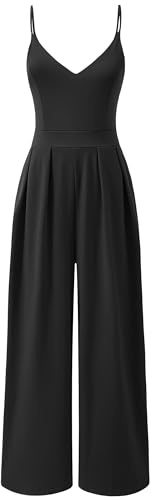 ANRABESS Women V Neck Spaghetti Strap Wide Leg Dressy Jumpsuits 2026 Summer Casual One Piece Jumper Romper Outfits & Pockets Black Medium