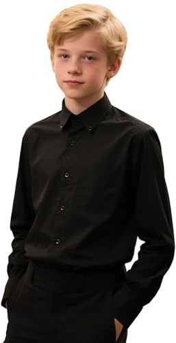 mintgreen Garçons Chemises Scolaires, Enfants Coton À Boutons Manches Longues Uniforme Formel Unie Vêtements, Noir, 13-14 Ans, 170