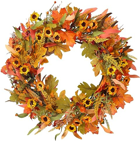 HUAESIN Autumn Wreaths for Front Door 61cm/24in Artificial Sunflower Wreath Autumn Door Wreath Fall Maple Leaf Wreath Autumn Wreath Decor for Outdoor Indoor Halloween Thanksgiving Christmas Decor