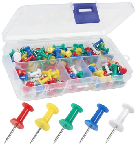 YOYUSH Épingles à dessin, lot de 100 punaises réutilisables avec boîte de rangement en plastique solide, punaises antirouille pour tableau d'affichage en liège, panneau d'affichage pour l'école et le