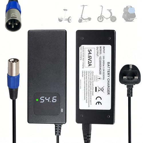 54.6V 2A Charger for 48V 13S Lithium Battery and E-Scooters | 18mm 3-pin XLR connector, real-time voltage display,six safety protections,Built-in cooling far,CE & UKCA Certified