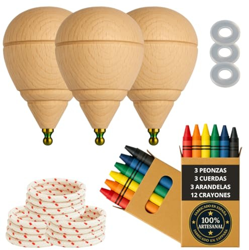 Trottola in legno per bambini, confezione da 3 trottole + 12 pastelli colorati + 3 rondelle, fatta a mano in Spagna con punta rotonda.