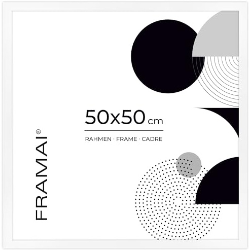 FRAMAI® Bilderrahmen 50x50 cm Weiß MDF Umweltfreundlichem Rahmen mit Bruchsicheren Plexi, Aufhänger und Aufsteller