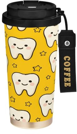 JUMBEAR Taza de viaje aislada al vacío con dientes de dibujos animados, tazas de viaje reutilizables para café, taza de café de acero inoxidable de doble pared a prueba de fugas con tapa para bebidas