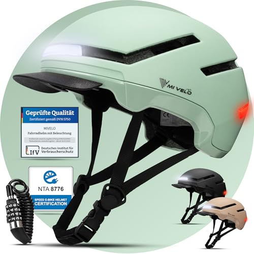 MIVELO Fahrradhelm Damen Herren Erwachsene mit Licht inkl. Helmschloss, NTA Zertifiziert bis 45km/h, Helm geeignet für E-Bike & S-Pedelec, Radhelm Ultraleicht & sicher, Unisex (Mint, M (54-58cm))