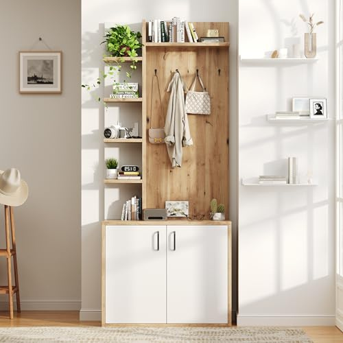 Merax Juego de perchero de pared, perchero de pasillo, juego con zapatero, estantes abiertos, 4 ganchos, elegante armario compacto, armario de pasillo para entrada, color madera y blanco
