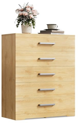 WLIVE Sideboard & Kommode mit 5 Schubladen, Metallgriffen & Metallschienen, Moderner Aufbewahrungsschrank für Schlafzimmer, Kinderzimmer, Schrankraum, Eiche