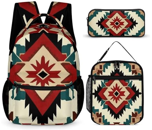 peiyeety Conjunto de mochila con lonchera, bolsas de maquillaje, bolsos de hombro con lonchera, bolsa de cosméticos, decoración nativa americana occidental, conjunto de mochila bohemia azteca