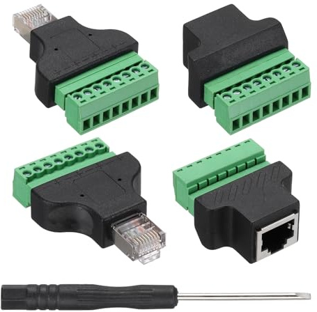 MECCANIXITY 4 Pcs RJ45 Screw Terminal Adapter, RJ45 Female/Male Plug to 8 Pin Screw Terminal Connector, Ethernet Audio Adapter Home Audio Accessories Extender CCTV Digital DVR Network Black