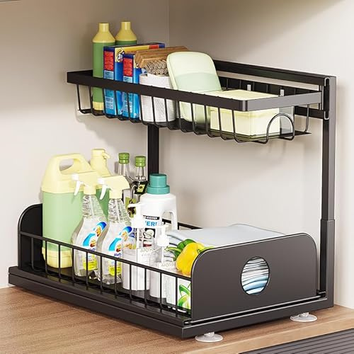 BUG HULL Barhon Metal Under Sink Storage, Pull out 2 Tier Under Sink Organiser, Sliding Drawer for Kitchen Bathroom Pantry Under Sink Shelf