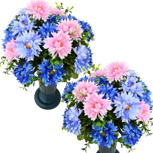 8pcs Artificial Flowers for Graves, Fake Grave Flowers Outdoor, Pink & Blue | Faux Chrysanthemums, Silk flowers, Grave Ornaments, Funeral, Graveside, artificial plants outdoor, 40 Blooms, No Pots
