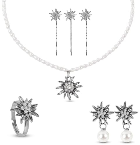 Kitimi 7 Stück Trachtenschmuck Damen Set Oktoberfest Trachtenschmuck, Bayerisch Dirndl Schmuck Trachtenkette mit Strass Perlenkette Ring Earrings Hairpins für Oktoberfest Damen Outfit