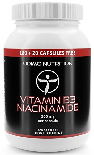 Vitamin B3 Hochdosiert Flushfree Kapseln 500mg - 200 Stück (6+ Monatsvorrat) an Vit B3 Niacinamid (Nicotinamid) Tabletten Ohne Flush, mit je 500 mg Nicotinamide (Niacinamide) Pulver