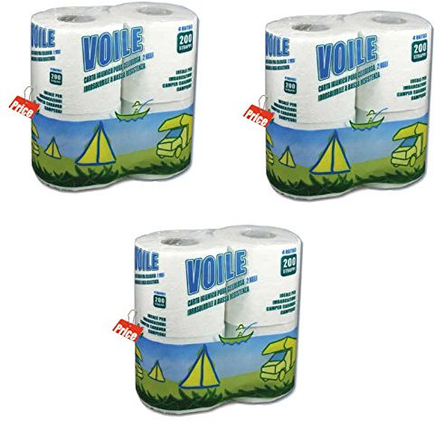 3 Confezioni Carta igienica WC Eco Voile 4 Rotoli idrosolubile Camper 200 Strappi, Ideale per Camper, Barca e Fossa Biologica
