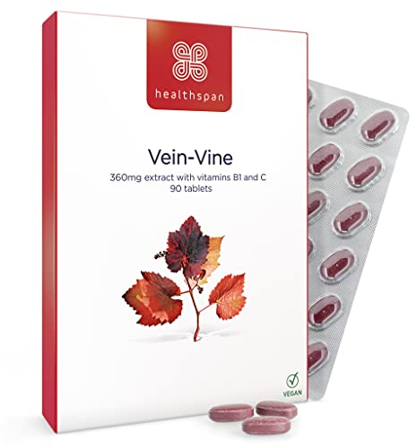 Healthspan Vein Vine Leg Vein Support 360mg (90 Tablets) | for Tired & Heavy Legs | Maintains Healthy Leg-Vein Functions | Red Vine Leaf Extract | Added Vitamins B1 & C | Vegan