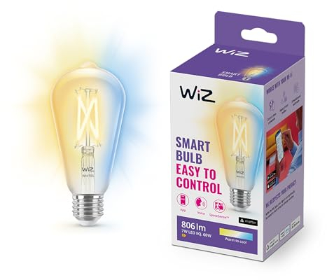 WiZ Lampadina Smart WiFi, Luce Biancada Calda a Fredda Dimmerabile, Filamento, E27, 7W, Tecnologia SpaceSense, Controllo Vocale (Alexa, Apple HomeKit, Google Home)