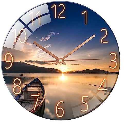 ALEENFOON Glass Wall Clock 12 Inch Silent Non Ticking Round Wall Clocks for Living Room Bedroom Hallway Office ((Sunset Blue)