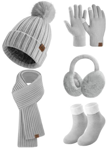heekpek Set Cappello Sciarpa Guanti Paraorecchie e Calze Invernale Donna in Maglia Berretto Pompon Guanti Touchscreen Caldo Moda 5 Pezzi Invernale Accessori Esterno, Grigio