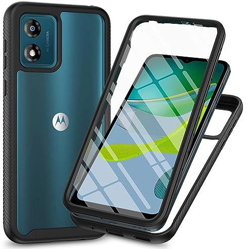 SEAHAI Transparente Funda para Motorola Moto E13, [Protector de Pantalla Incorporado] Estuche Antigolpes Militar Caso PC + TPU Bumper Silicona Anti-caída Carcasa - Negro