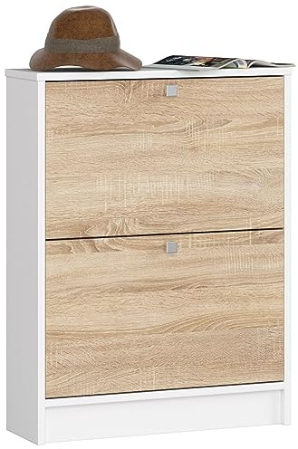 AKORD | Schuhschrank mit 2 Schuhkippern | Schuhkipper | Schuhregal geschlossen | Schuhbank | Schuhaufbewahrung | B60 x H80 x T20 cm, Gewicht 21 kg | Weiß | Sonoma-Eiche